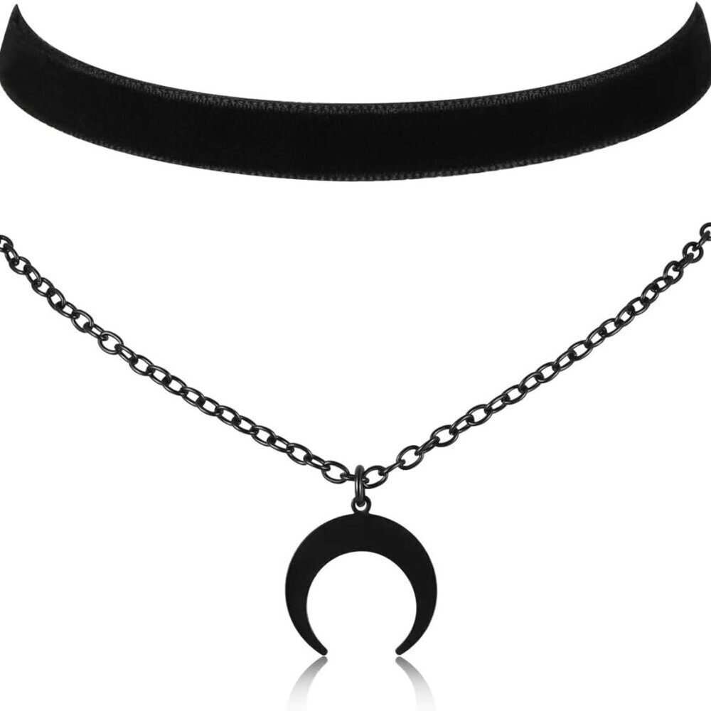Gothic Choker Necklace Velvet Layered Moon Pendant Jewelry for Women